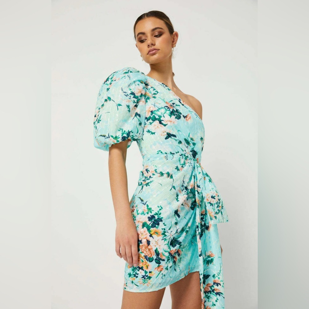 NEW Elliatt Aqua Floral One-Shoulder Puff Sleeve Dress Sz S